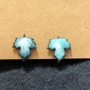 Vintage Pastel Blue Enamel on Copper Dainty Leaf Screw Back Clip On Earrings